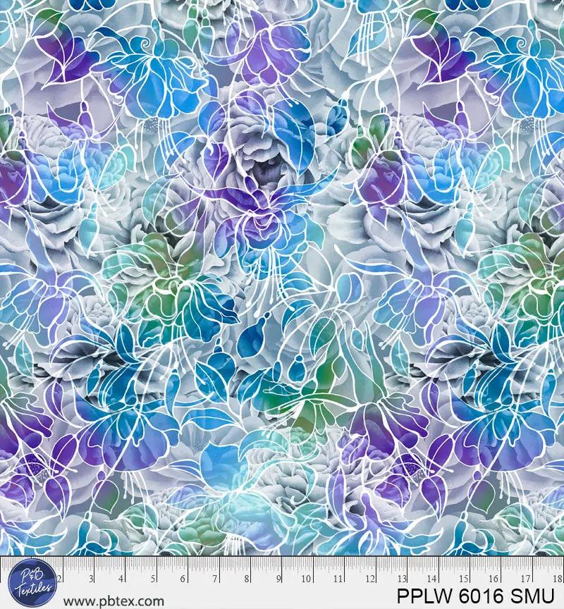 108" Petal Play Blue Purple Green Florals Cotton Wideback Fabric per yard - Prismatic Fiber Arts