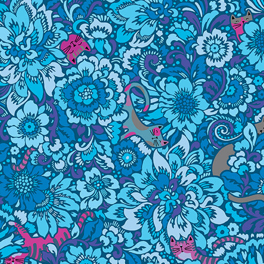 Elegant Kitties Blue Cheeto's World Cotton 44"/45" Fabric Per Yard - Prismatic Fiber Arts