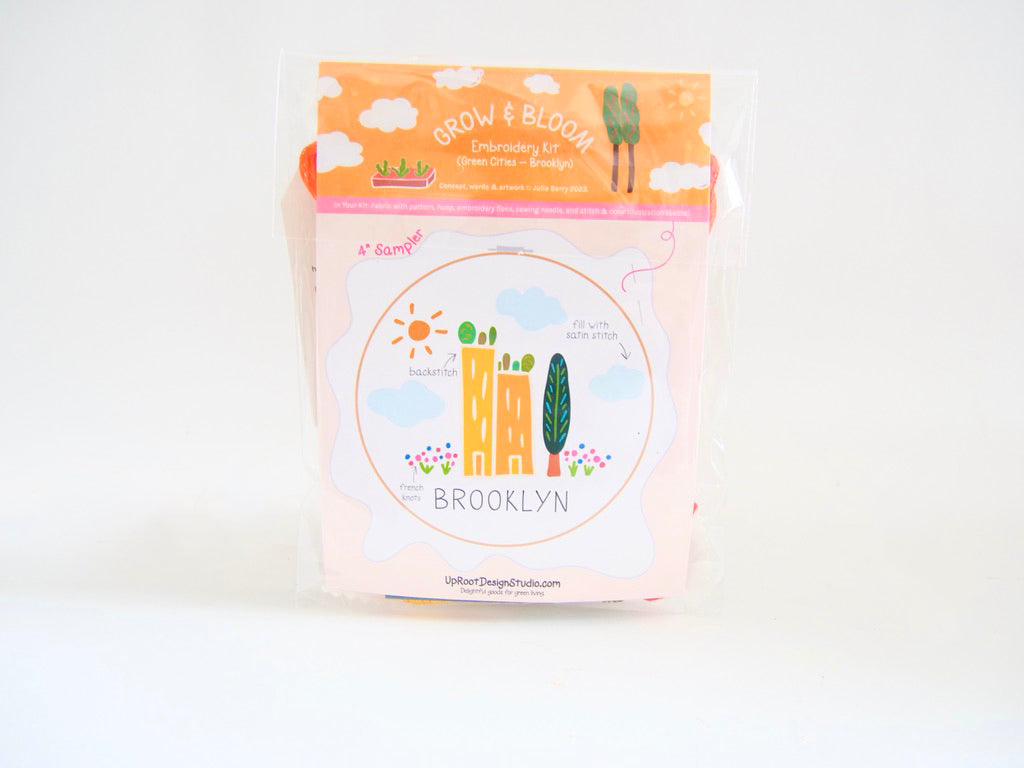 "Brooklyn" Green Cities Eco-Embroidery Kit w. Apartment Gardens, Flowers, Clouds, Tree & Sun 4" Sampler (Joyful Threads Grow & Bloom) - Prismatic Fiber Arts