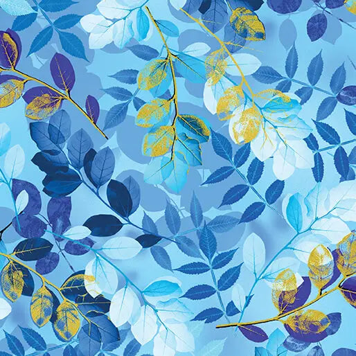Blue Ethereal Leaves Cotton 44"/45" Fabric Per Yard - Prismatic Fiber Arts
