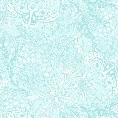 Light Aqua Dahlias at Dusk Tonal Floral & Butterflies Cotton 44"/45" Fabric Per Yard - Prismatic Fiber Arts