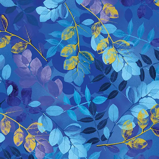Blue Royal Ethereal Leaves Cotton 44"/45" Fabric Per Yard - Prismatic Fiber Arts