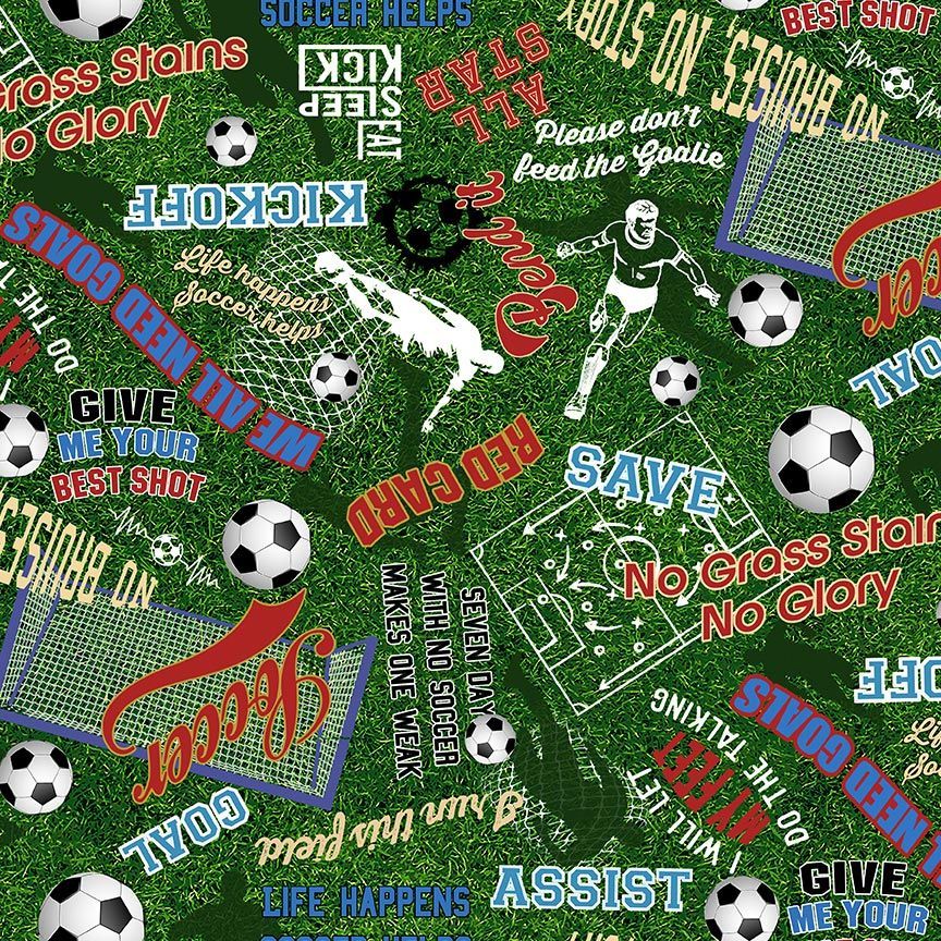 Green Soccer Words on Grass Fitness Fanatic 44"/45" Fabric Per Yard - Prismatic Fiber Arts