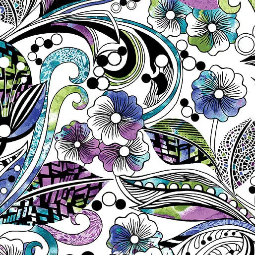 Go with the Flow Floral Swirl White/Multi Cotton 44"/45" Fabric Per Yard - Prismatic Fiber Arts
