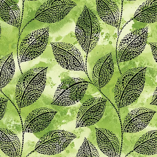 Go with the Flow Mosaic Leaves Lime Cotton 44"/45" Fabric Per Yard - Prismatic Fiber Arts