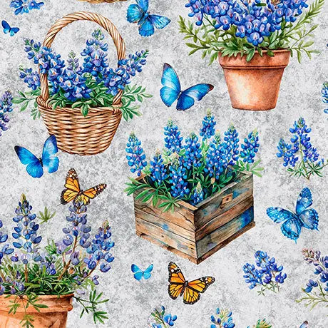 Gray Potted Bluebonnets Cotton 44"/45" Fabric Per Yard - Prismatic Fiber Arts