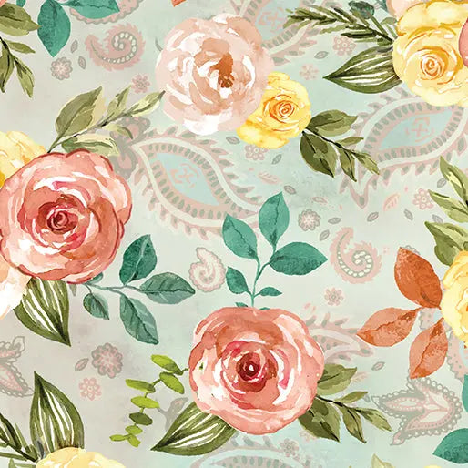 Green Seafoam Country Time Roses Cotton Wideback Fabric per yard - Prismatic Fiber Arts