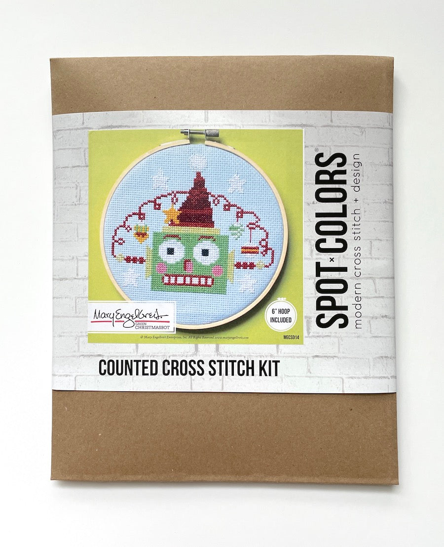 Green Christmasbot by Mary Engelbreit Counted Cross Stitch DIY KIT - Prismatic Fiber Arts