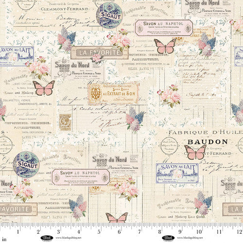 Parisian Snippets Digital Ecru Labels and Butterflies Cotton 44"/45" Fabric Per Yard - Prismatic Fiber Arts