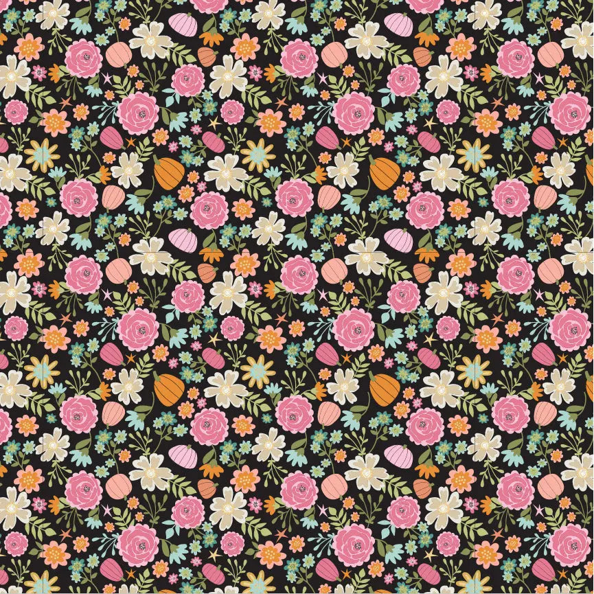 Pretty Pumpkin Poppie Cotton Black 44"/45" Fabric Per Yard - Prismatic Fiber Arts