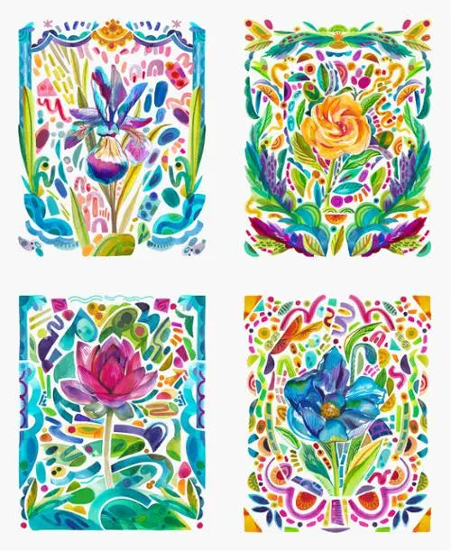 Radiant Rainbow Wild Bold Flowers Watercolor 36" x 44" Panel - Prismatic Fiber Arts