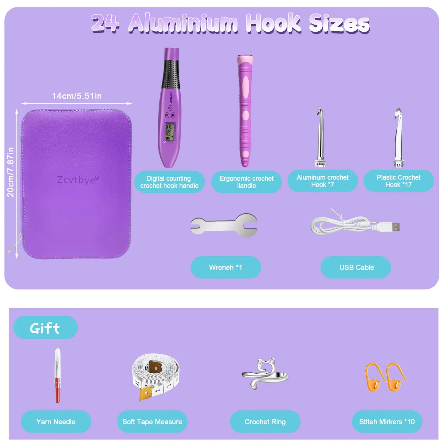 24pcs Crochet Hook Set with Counter LED Light & Stitch Ergonomic knitting needle Sewing Tools Set DIY Weaving Sweater Tool - Prismatic Fiber Arts