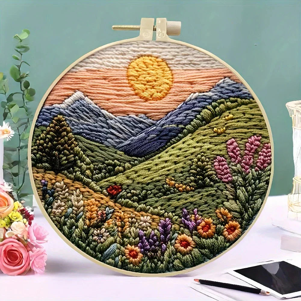 Beginners Hand Embroidery Kit - Mountain & Moon Landscape with Fabric & Threads - Prismatic Fiber Arts