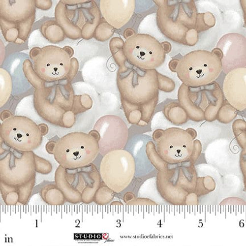 Sleepy Teddy Gray/Multi Teddy Bear and Clouds Cotton 44"/45" Fabric Per Yard - Prismatic Fiber Arts