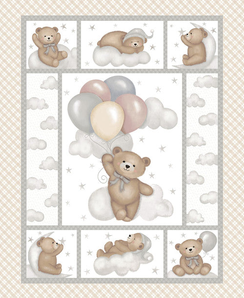 Sleepy Teddy Oatmeal/Gray Panel Cotton 44"/45" Fabric Per Yard