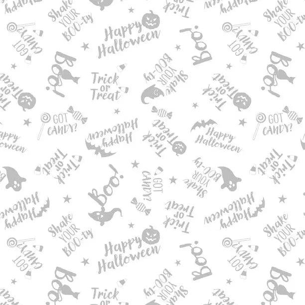 Spooky Spectacle - Word Toss White on White Cotton 44"/45" Fabric Per Yard - Prismatic Fiber Arts
