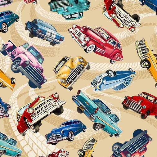 Tan Classic Cars Route 66 Cotton 44"/45" Fabric Per Yard - Prismatic Fiber Arts