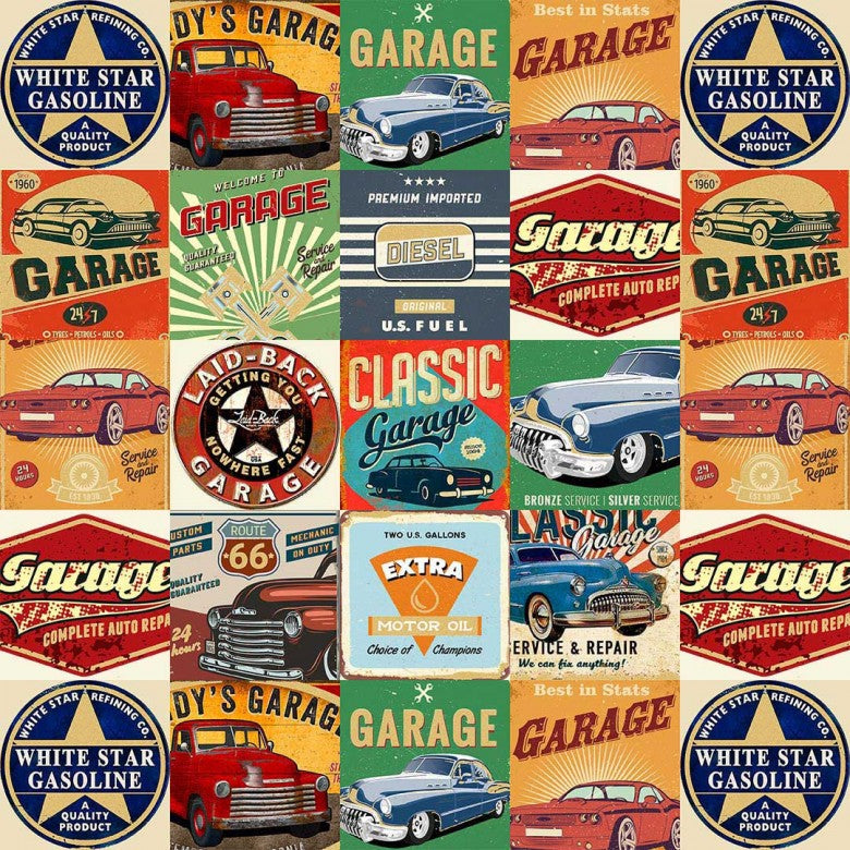 Multi America's Garage Route 66 Cotton 44"/45" Fabric Per Yard - Prismatic Fiber Arts