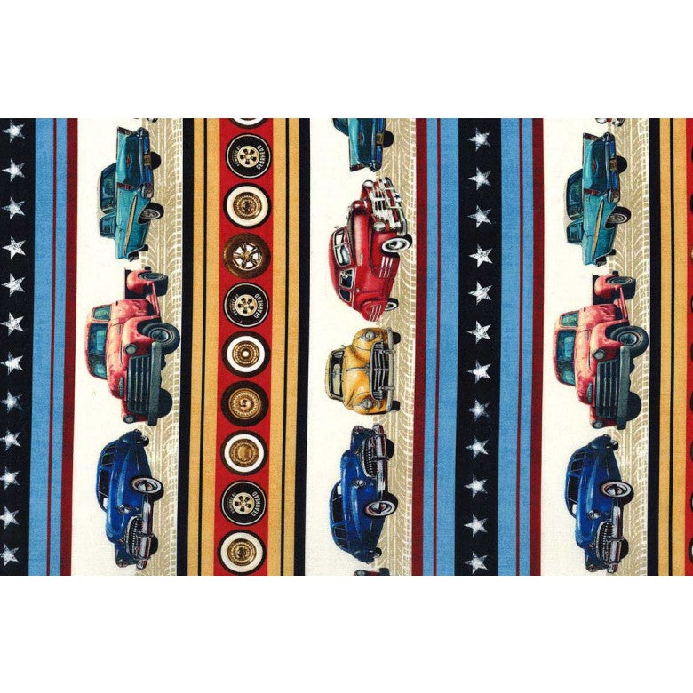 Multi Vintage Car Stripe Route 66 Cotton 44"/45" Fabric Per Yard - Prismatic Fiber Arts