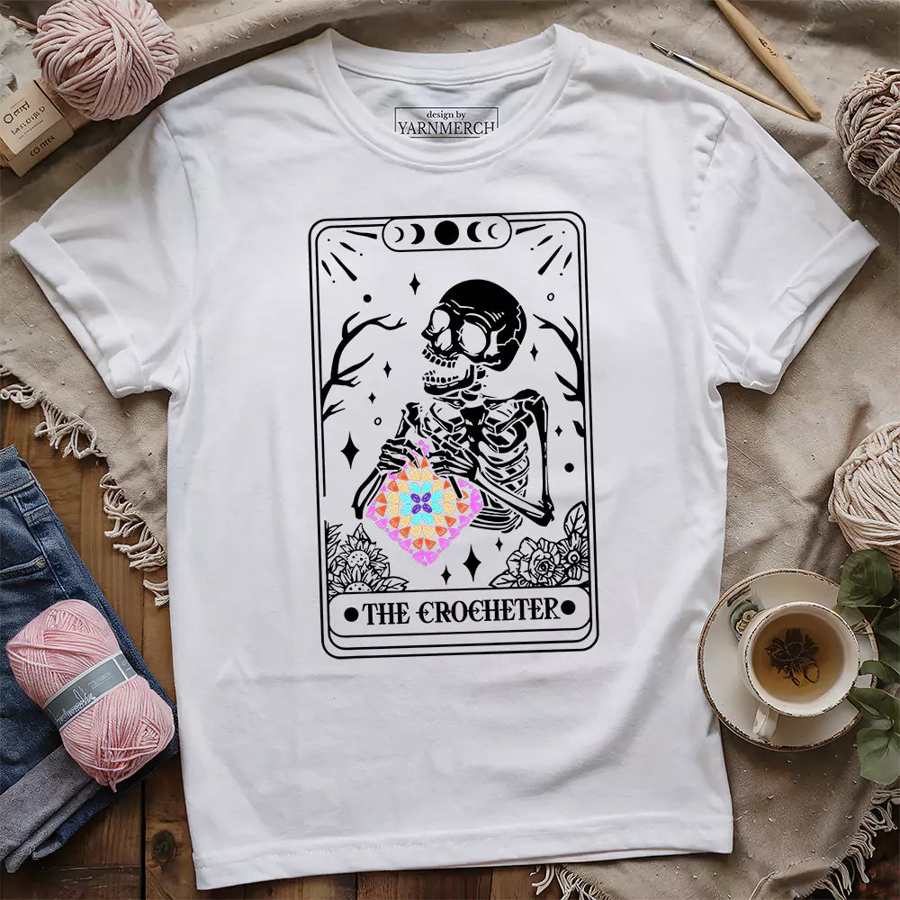 Skeleton Crocheter Tarot T-shirt - Prismatic Fiber Arts