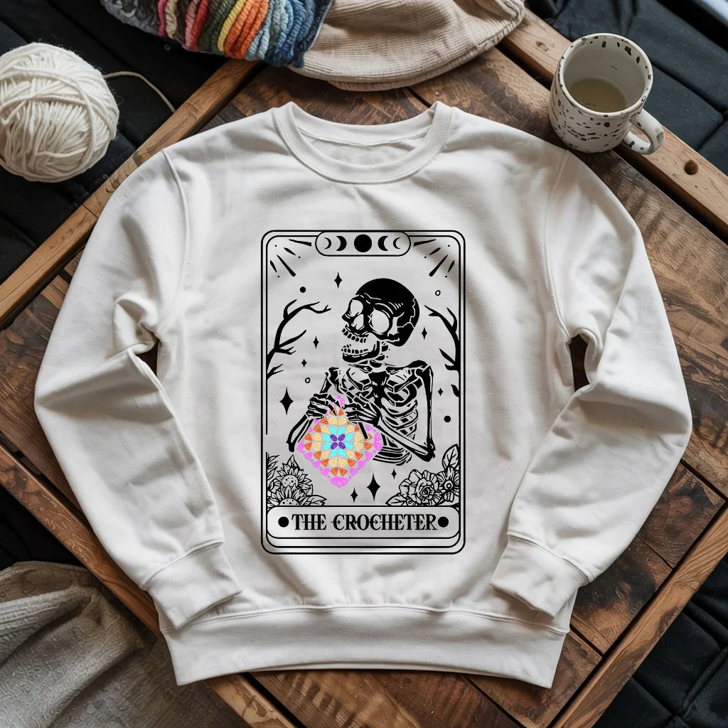 Skeleton Crocheter Tarot Sweatshirt - Prismatic Fiber Arts