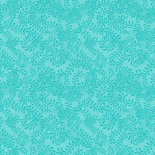 Blue Turquoise Swirling Leaves Cotton Wideback Fabric per yard - Prismatic Fiber Arts