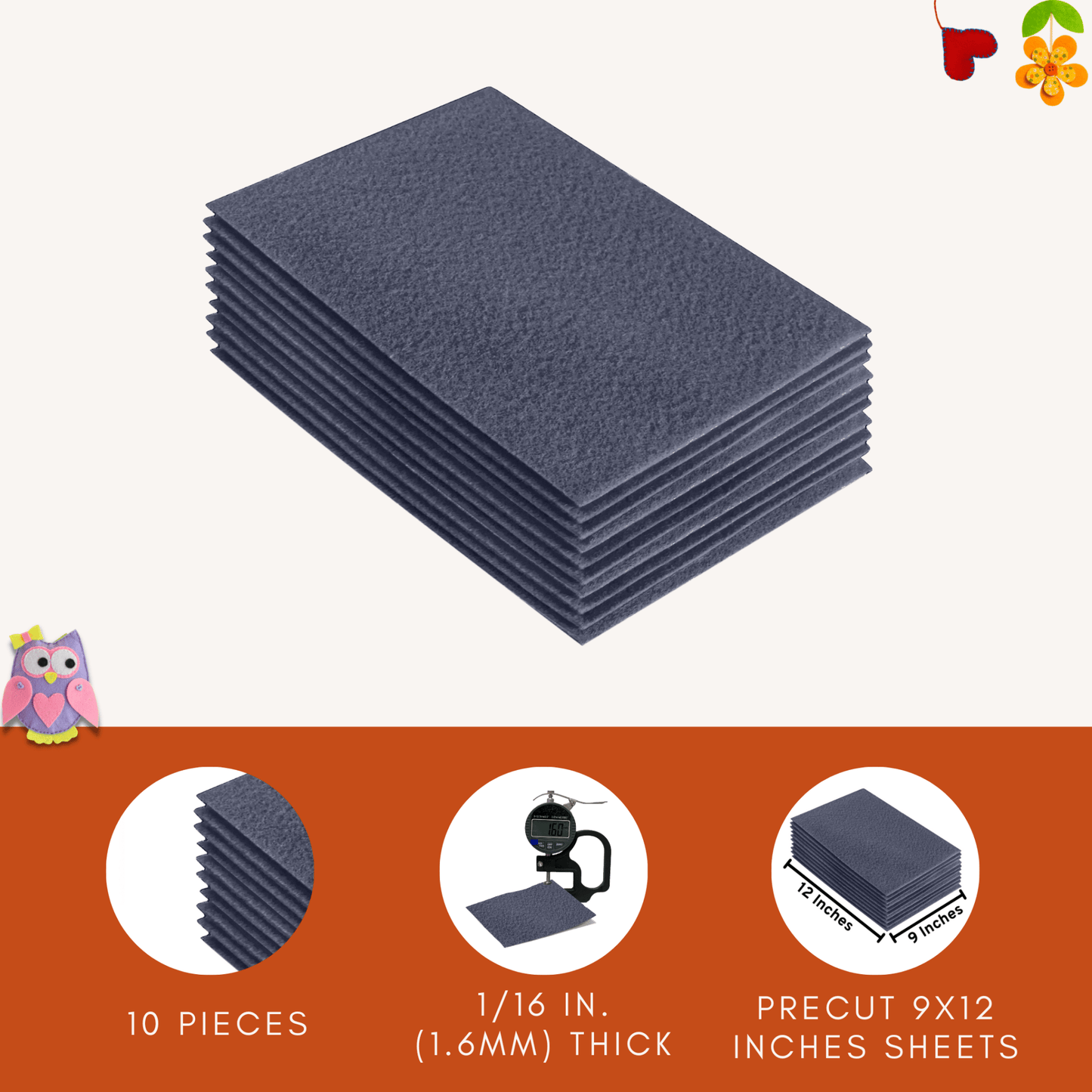 FabricLA Acrylic Felt 9"X12" Sheet Packs | Heather Grey - Prismatic Fiber Arts