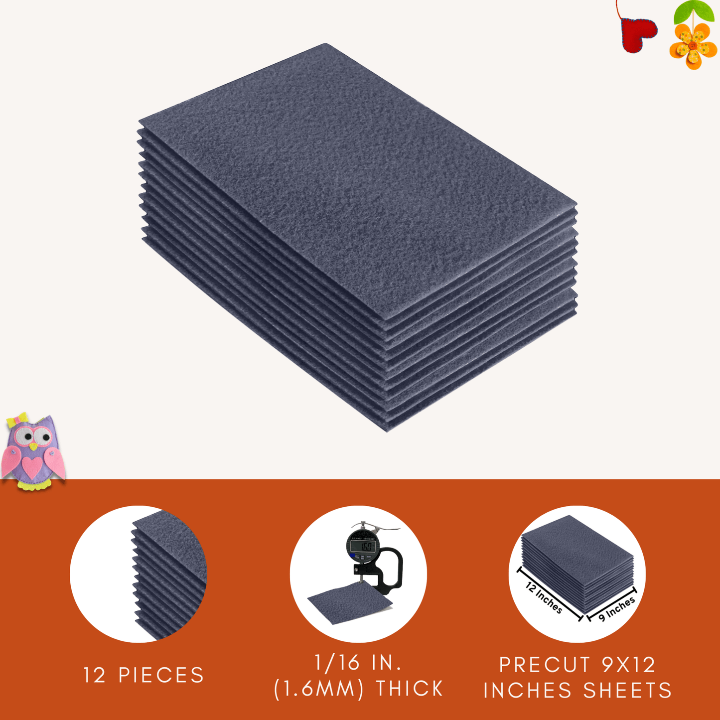 FabricLA Acrylic Felt 9"X12" Sheet Packs | Heather Grey - Prismatic Fiber Arts