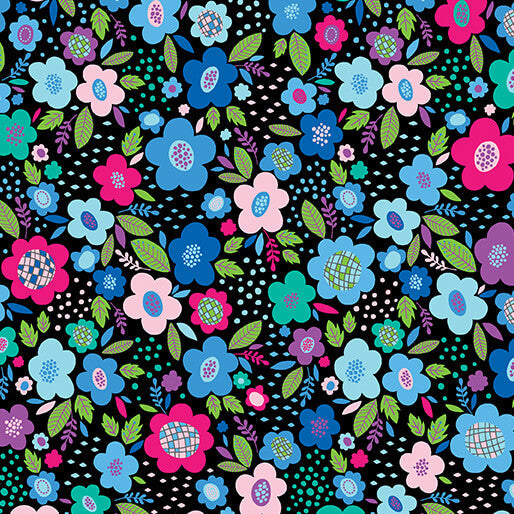 Posies Blue Cheeto's World Cotton 44"/45" Fabric Per Yard - Prismatic Fiber Arts