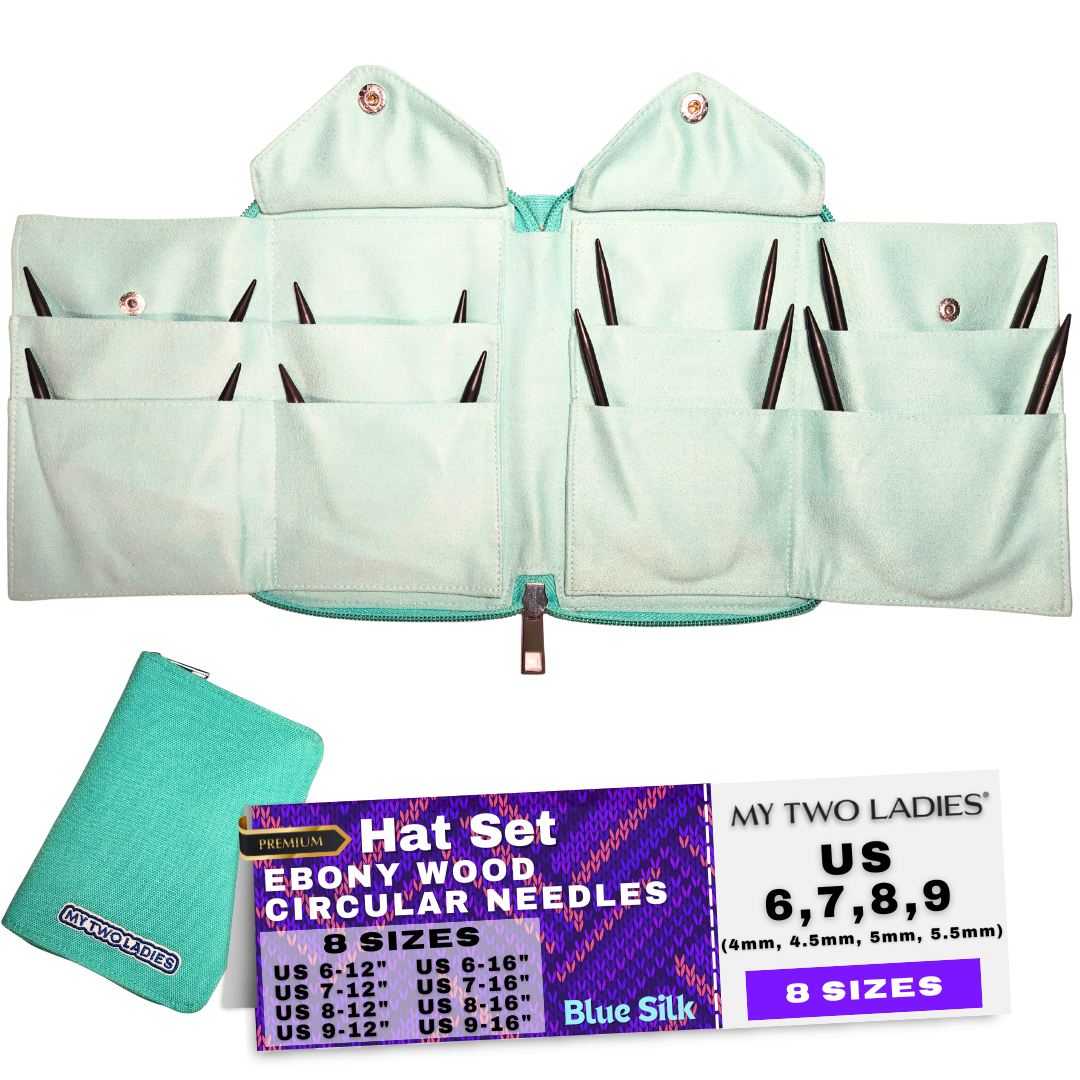 Blue Silk | Ultimate Hat Set | Ebony Circular Knitting Needles | 8 Sizes | w/custom case - Prismatic Fiber Arts