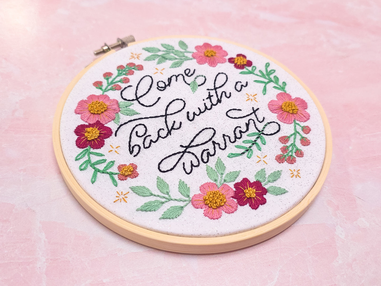 Come Back With a Warrant Embroidery Kit - Beginner Friendly - Prismatic Fiber Arts
