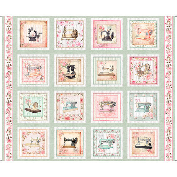 Light Sage Sewing Machine Picture Patches Sew Shabby Chic Cotton 44"/45" Fabric Per Yard - Prismatic Fiber Arts