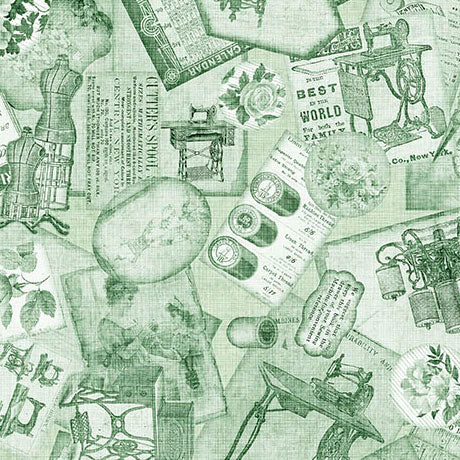 Light Green Sewing Ephemera Sew Shabby Chic Cotton 44"/45" Fabric Per Yard - Prismatic Fiber Arts