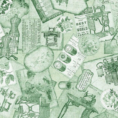 Light Green Sewing Ephemera Sew Shabby Chic Cotton 44"/45" Fabric Per Yard - Prismatic Fiber Arts