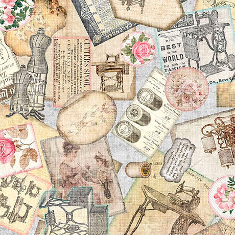 Gray Sewing Ephemera Sew Shabby Chic Cotton 44"/45" Fabric Per Yard - Prismatic Fiber Arts