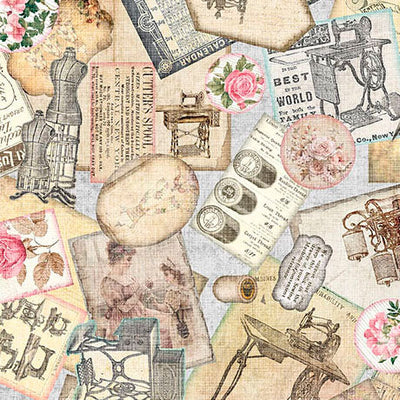 Gray Sewing Ephemera Sew Shabby Chic Cotton 44"/45" Fabric Per Yard - Prismatic Fiber Arts
