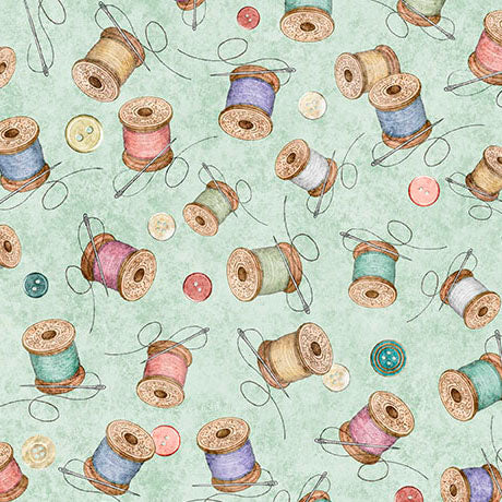 Light Sage Spools of Thread Sew Shabby Chic Cotton 44"/45" Fabric Per Yard - Prismatic Fiber Arts