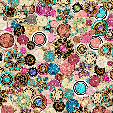 Multi Antique Buttons Sew Shabby Chic Cotton 44"/45" Fabric Per Yard - Prismatic Fiber Arts