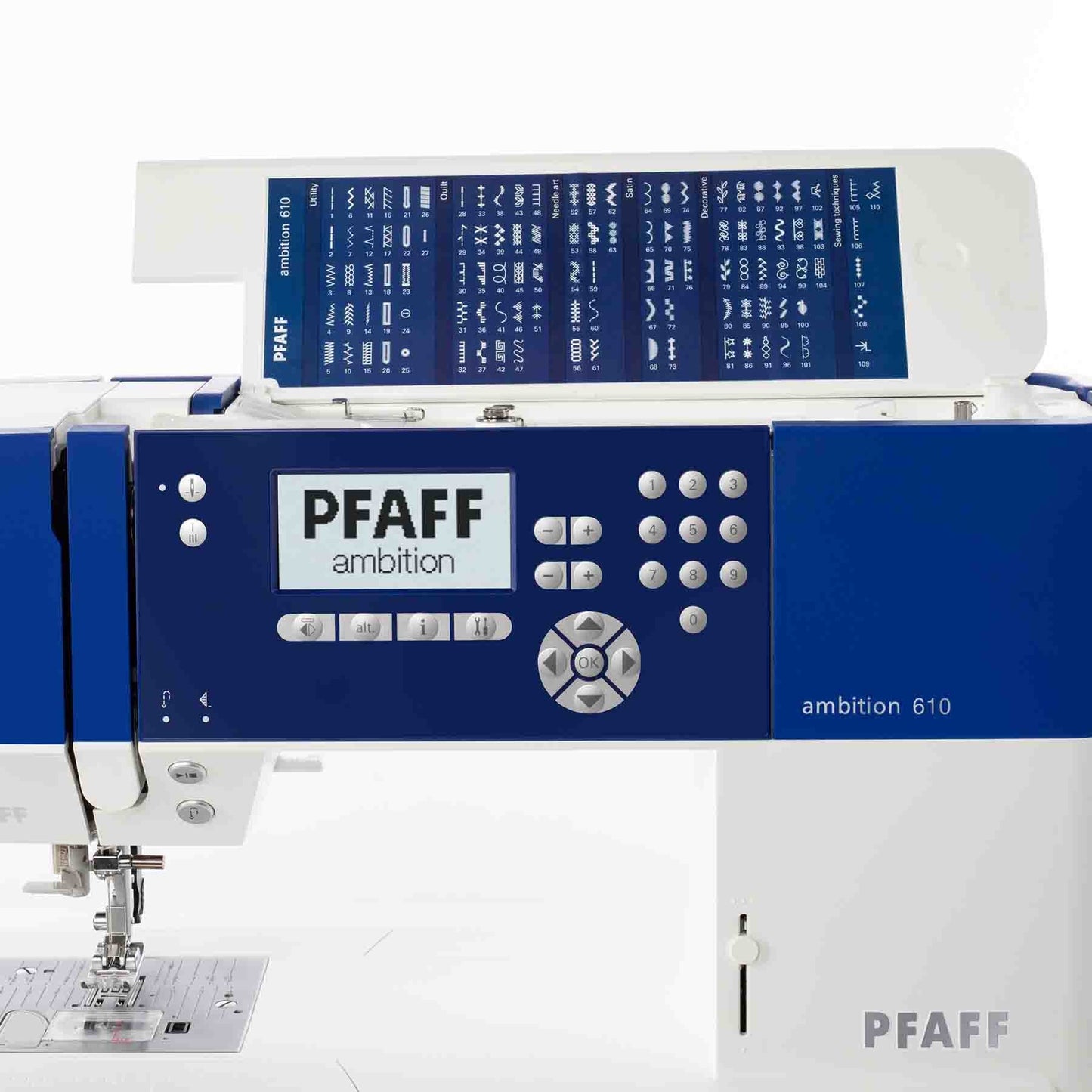 PFAFF® ambition™ 610 Blue Sewing Machine - Prismatic Fiber Arts