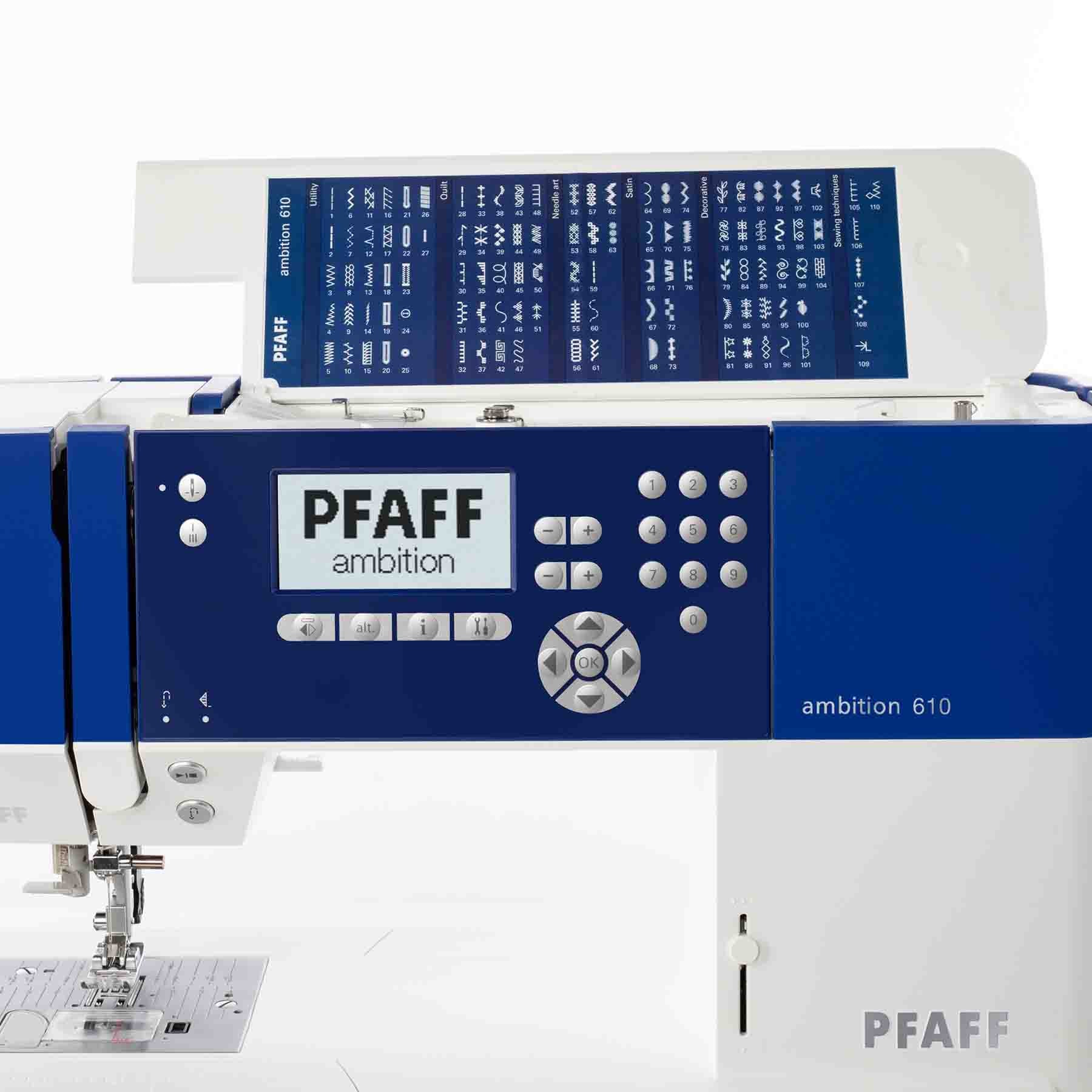 PFAFF® ambition™ 610 Blue Sewing Machine - Prismatic Fiber Arts