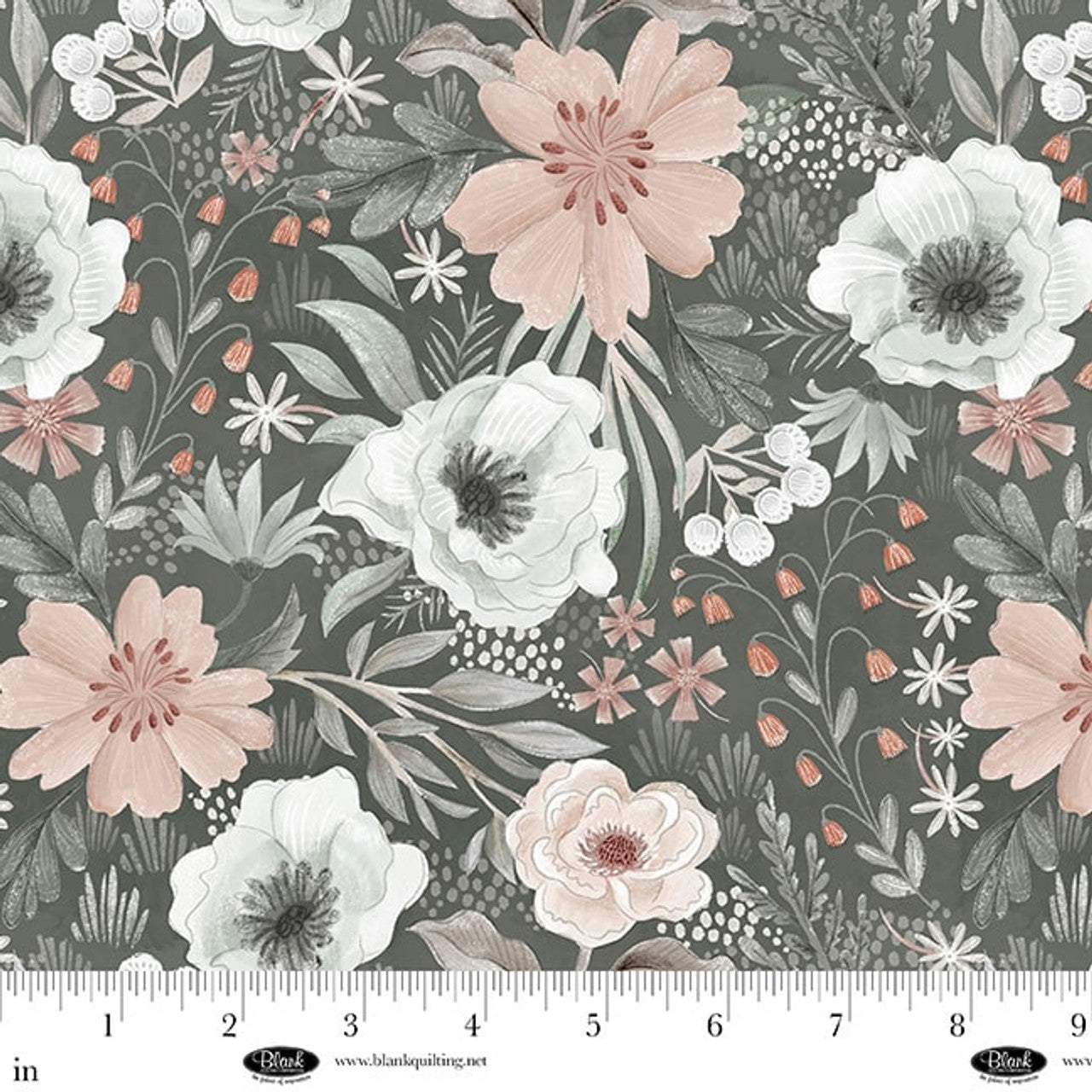 Gray Large Flowers Petals & Pewter Cotton 44"/45" Fabric Per Yard - Prismatic Fiber Arts