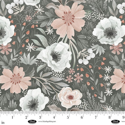 Gray Large Flowers Petals & Pewter Cotton 44"/45" Fabric Per Yard - Prismatic Fiber Arts