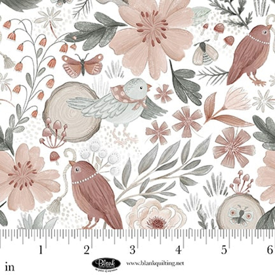 White Birds and Flowers Petals & Pewter Cotton 44"/45" Fabric Per Yard - Prismatic Fiber Arts