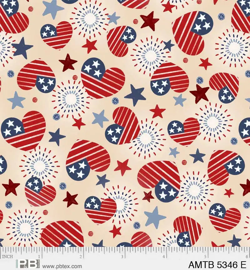 Cream Patriotic Hearts America The Beautiful 44"/45" Fabric Per Yard - Prismatic Fiber Arts