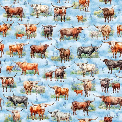 ATXSH Blue Longhorn Cattle Cotton 44"/45" Fabric Per Yard - Prismatic Fiber Arts