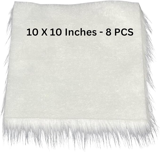 FabricLA Faux Fur Fabric - 8 Pieces Square Fur Material Fabric - 10" X 10" Inches (25cm x 25cm) - Shaggy Fur Patches Fabric Cuts Chair Cover Seat Cushion for DIY Craft - White - Prismatic Fiber Arts