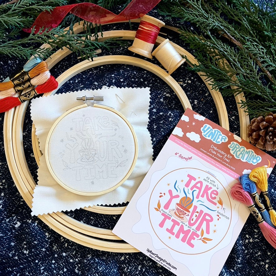 "Take Your Time" Eco-Embroidery Kit w. Tea Time Pattern (Joyful Threads Winter Dreaming) - Prismatic Fiber Arts