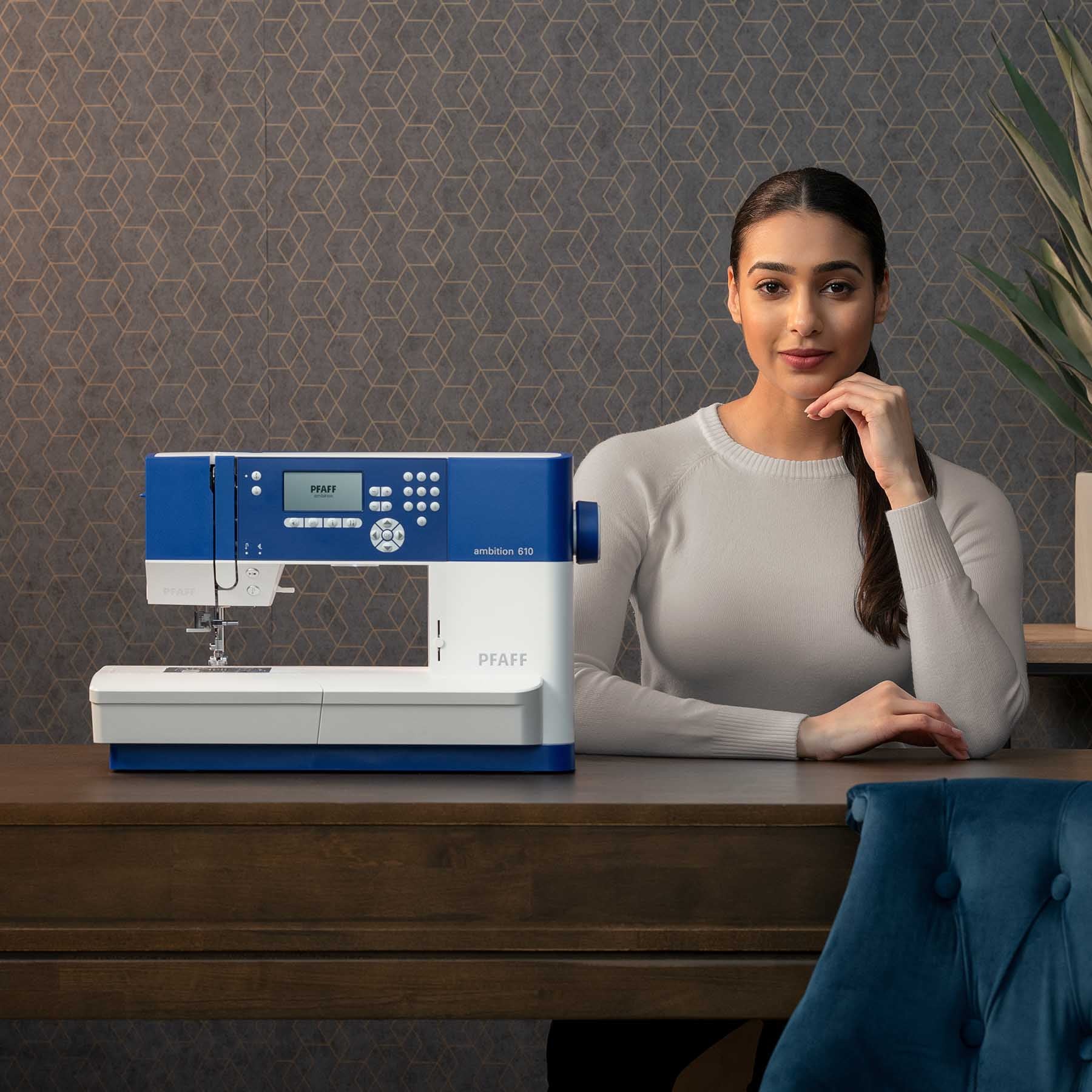 PFAFF® ambition™ 610 Blue Sewing Machine - Prismatic Fiber Arts