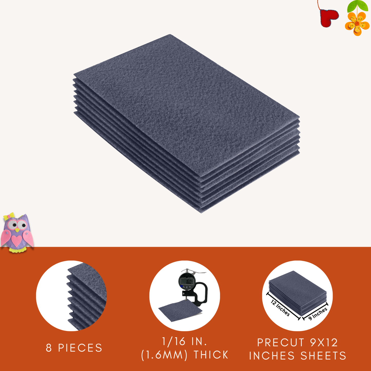 FabricLA Acrylic Felt 9"X12" Sheet Packs | Heather Grey - Prismatic Fiber Arts