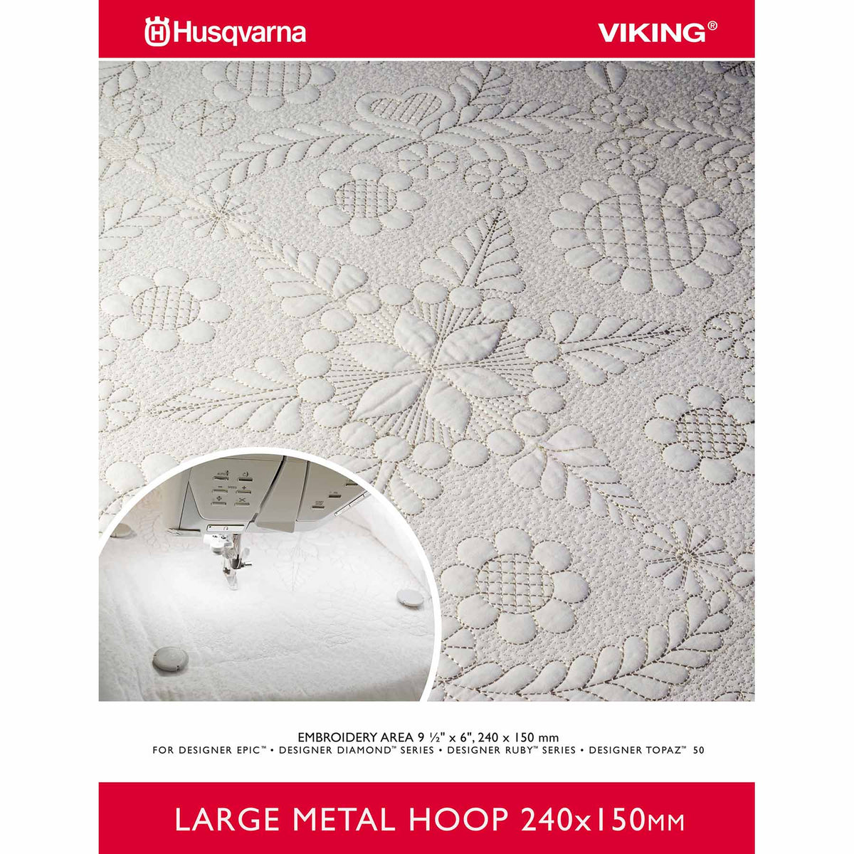 HUSQVARNA® VIKING® Large Metal Embroidery Hoop 240 mm x 150 mm - Prismatic Fiber Arts